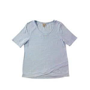 Chico's Shadow Stripe V-Neck Top Size 2 L Blue Elbow Sleeve Crossover Hem Tunic